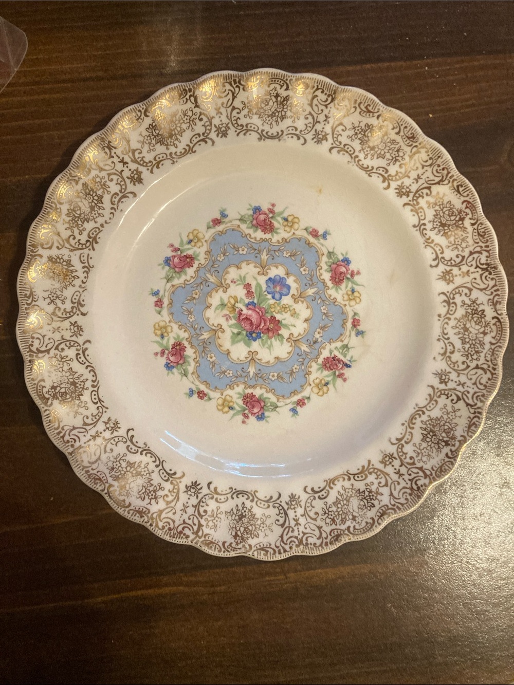 Limoges USA Porcelain salad Plate w/Blue Medallion, pink flowers, gold filigree